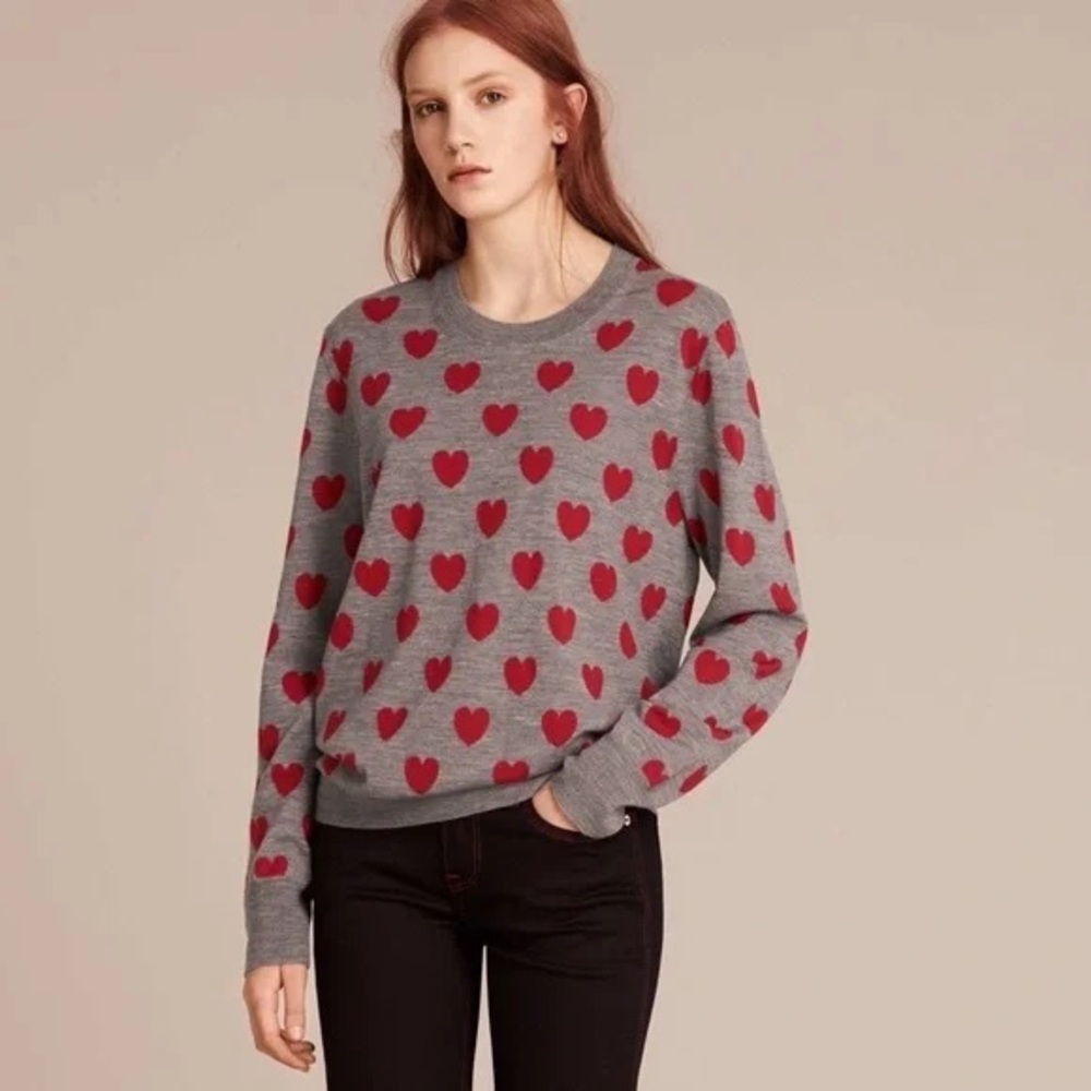 Burberry- Gray Melange Merino Wool Hearts Crew Neck Sweater